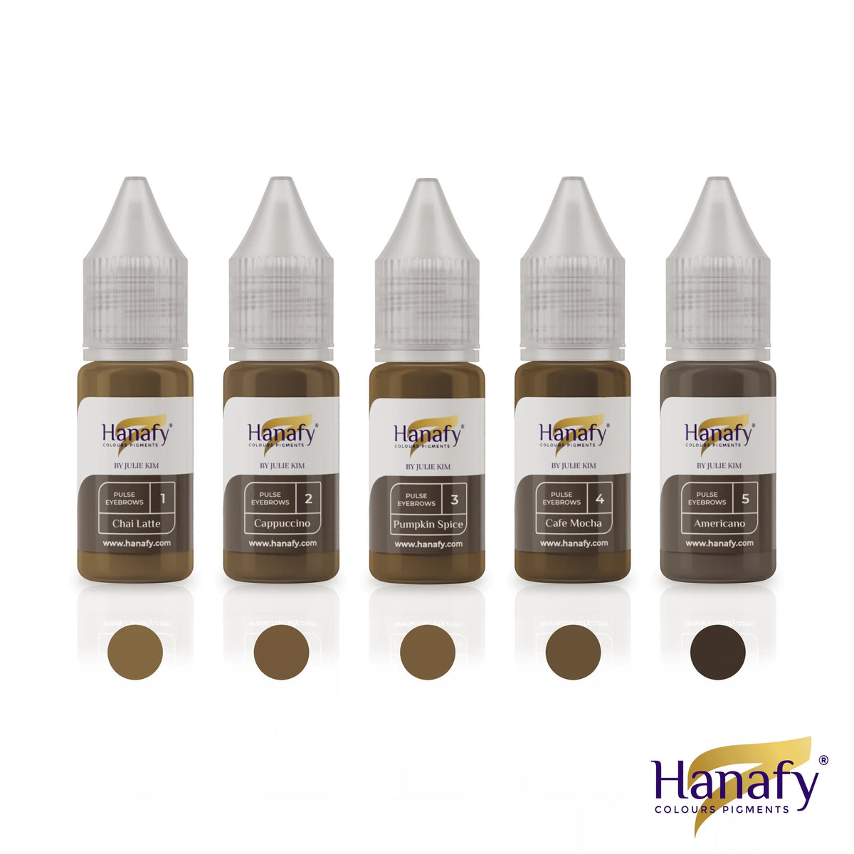 Hanafy Pulse Eyebrows set by Julie Kim, 5 hybrid brow pigments, 10 ml bottles