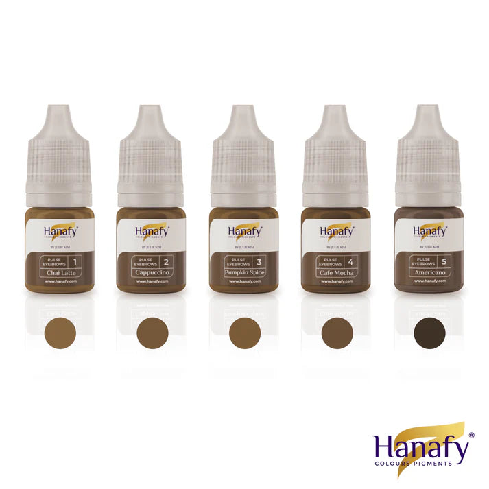 Hanafy Pulse Eyebrows collection by Julie Kim, 5 hybrid brow pigment bottles