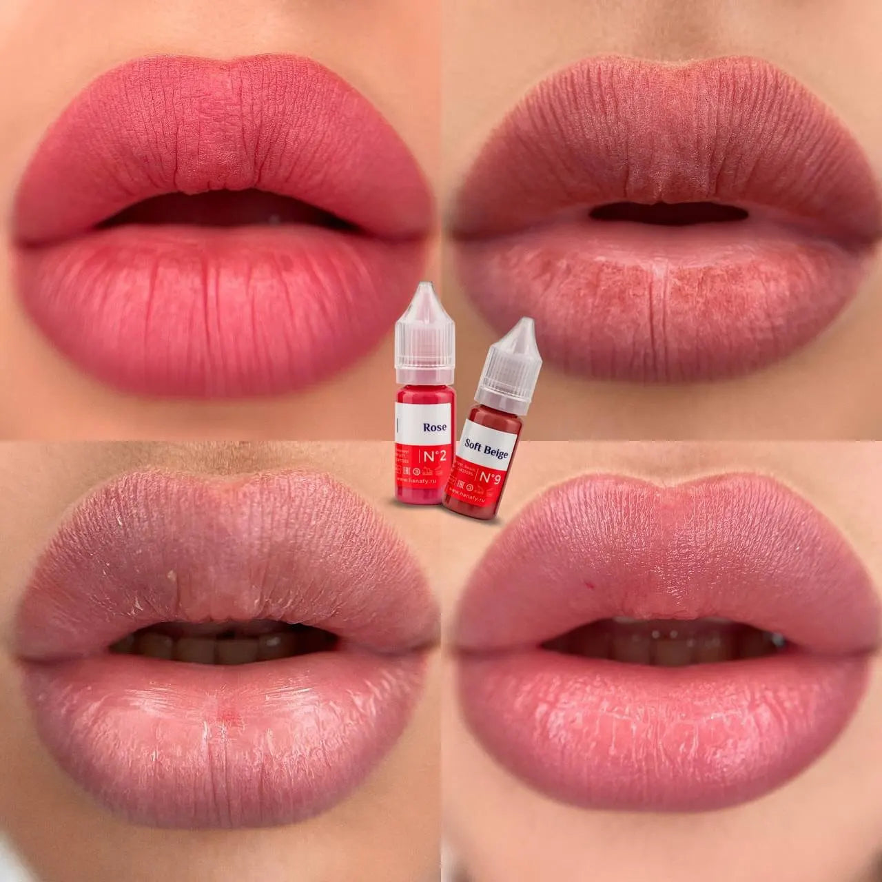 Collage of lips with different shades and two small bottles of permanemt make up pigments