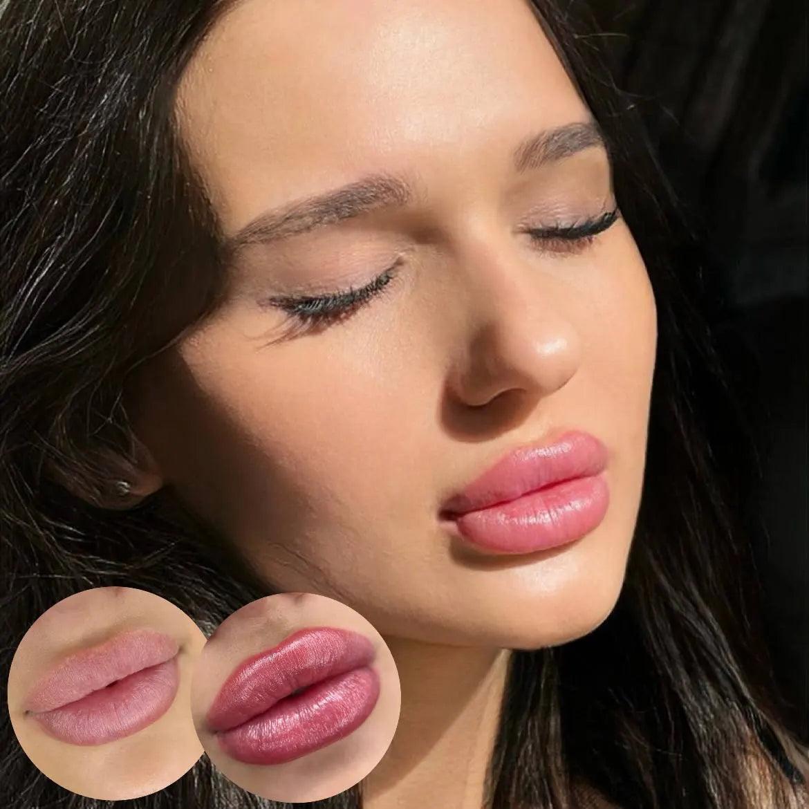 Close-up of a woman's face with pink lipstick, showing color swatches below hanafy soft beige