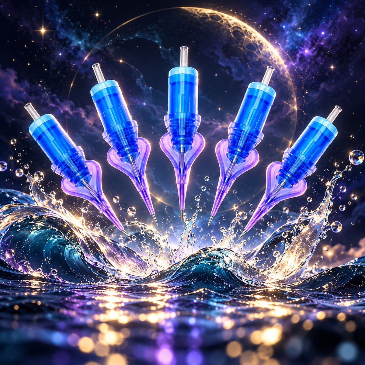 Five Mast Ocean Heart PMU needle cartridges above an ocean wave on a starry night background