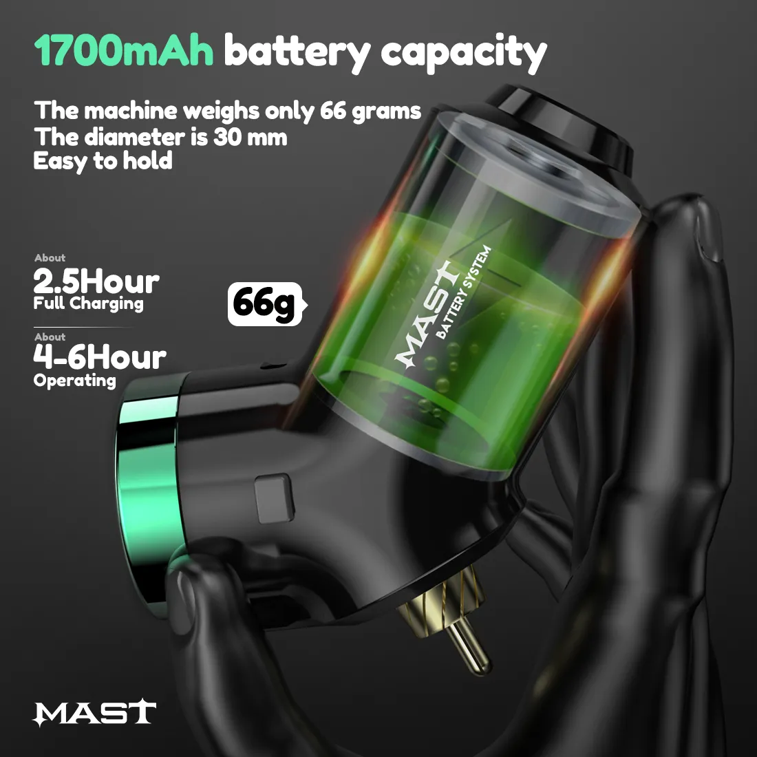 Mast T3 wireless RCA battery pack, close view
