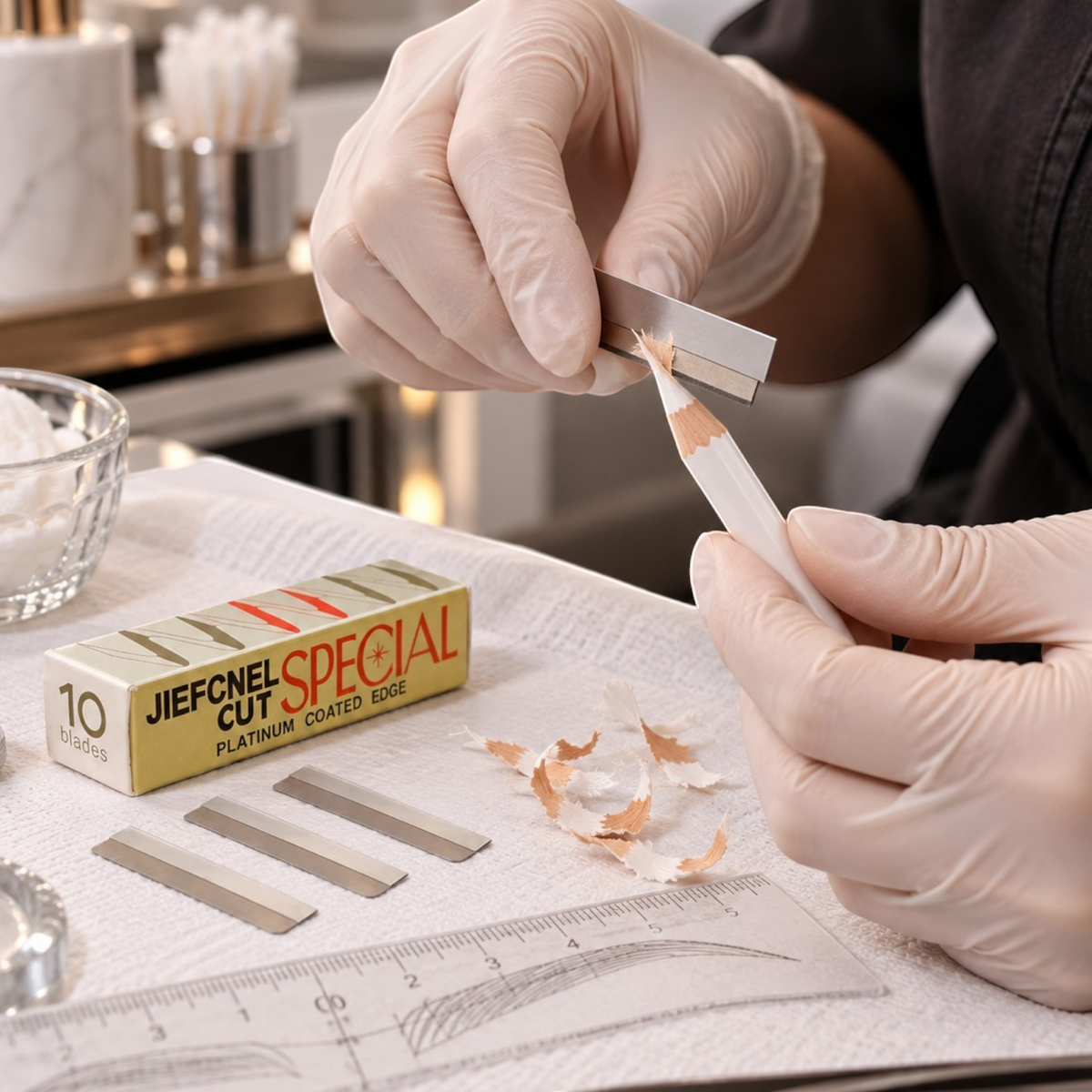 Stainless steel blade sharpening a white brow mapping pencil