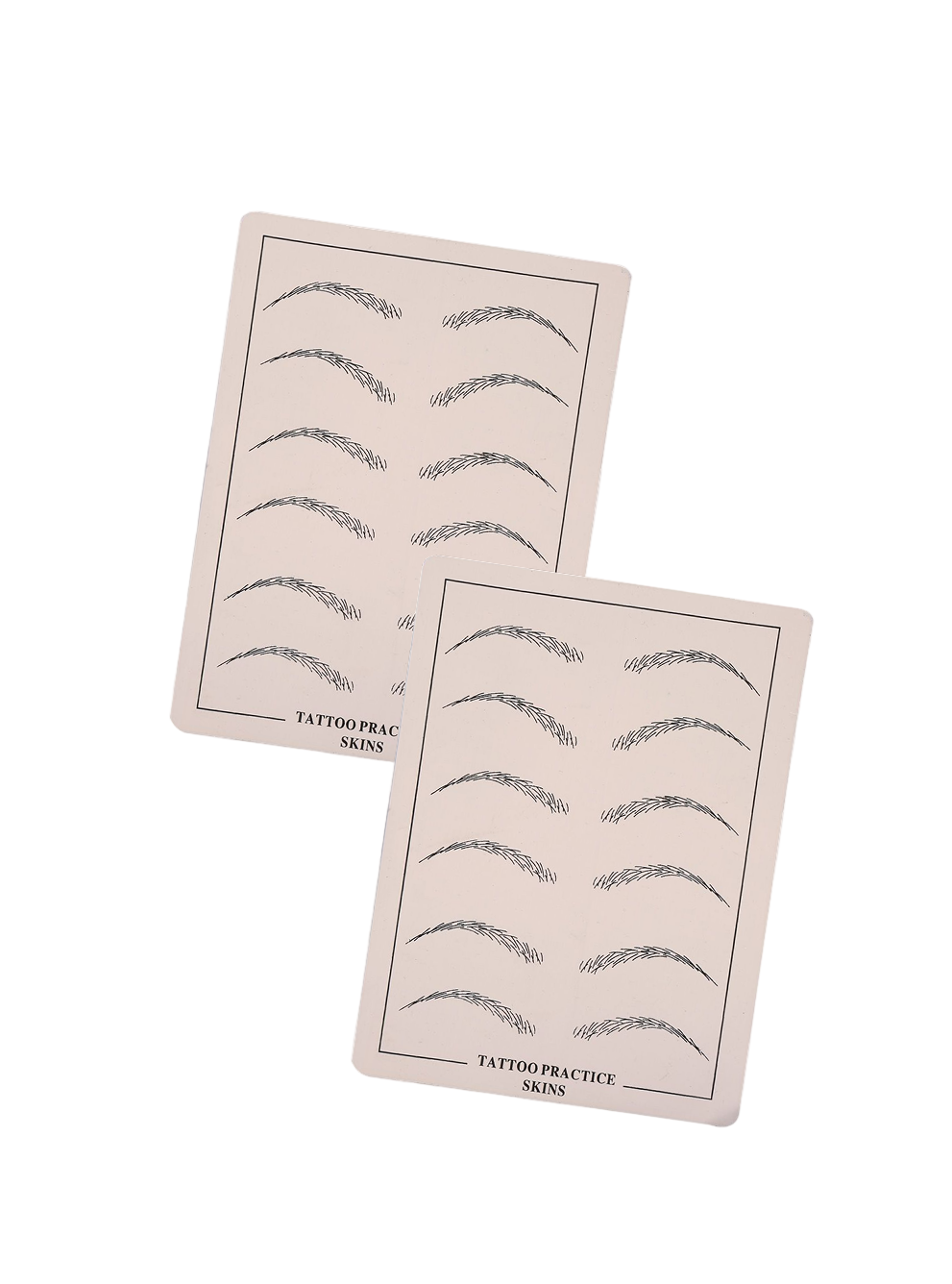 Two PMU practice skin sheets with eyebrow designs on light blue