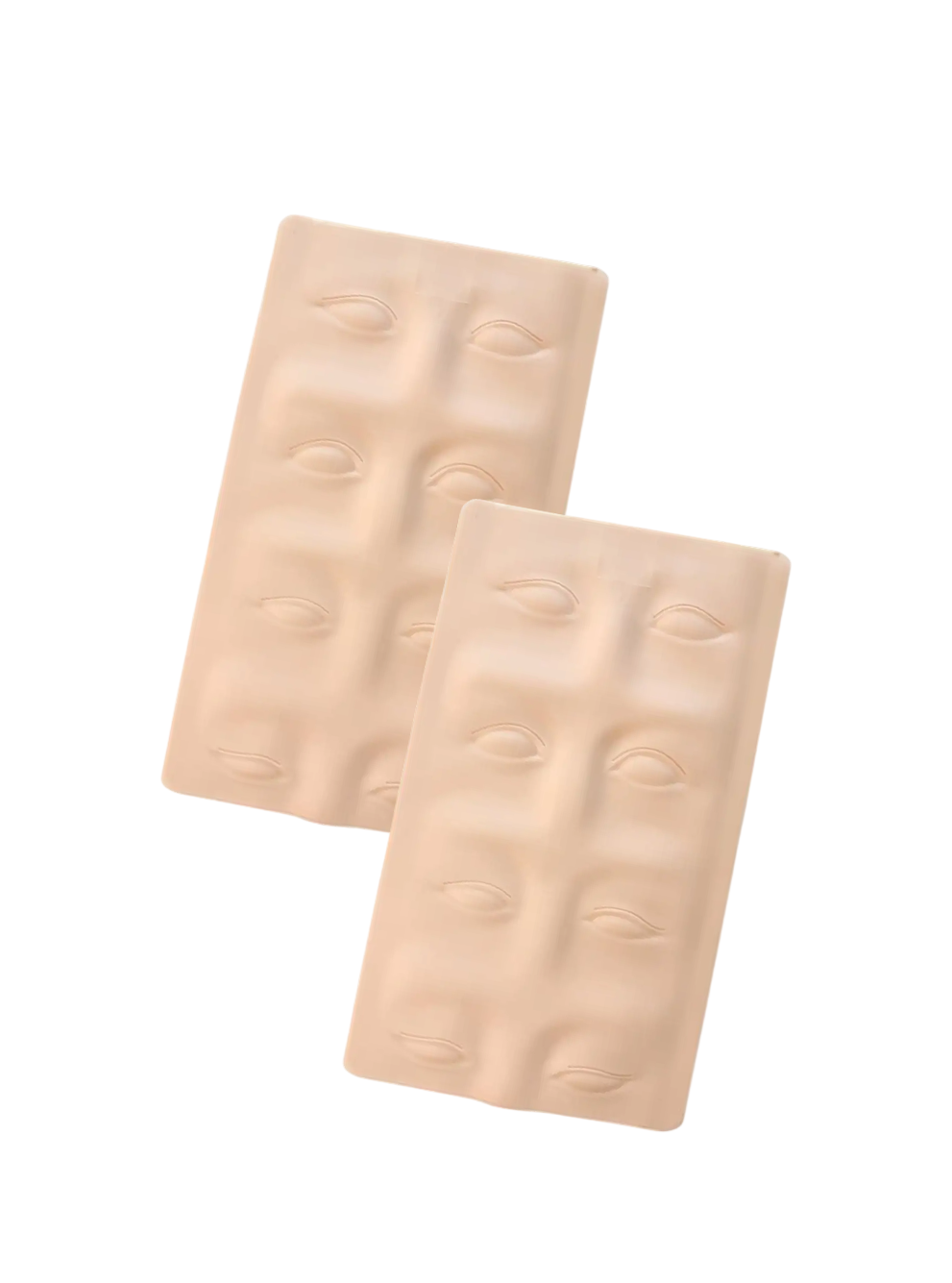Two beige PMU practice skins with face design on light blue