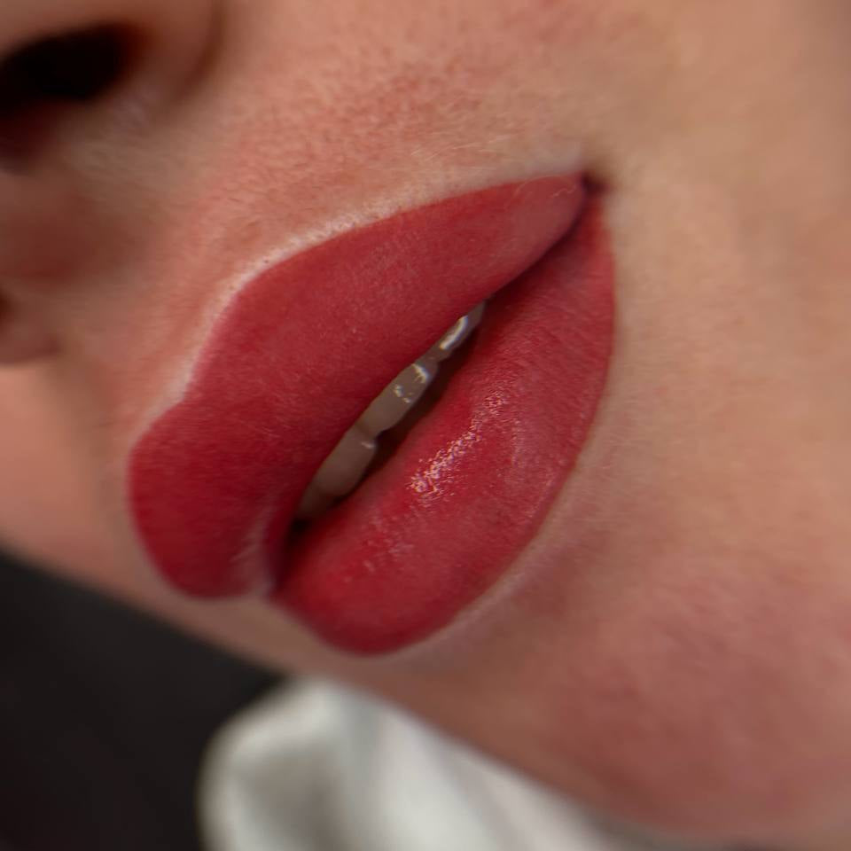 Red-brown lip PMU with a FACE Miranda, Caramel and Jennifer pigment mix