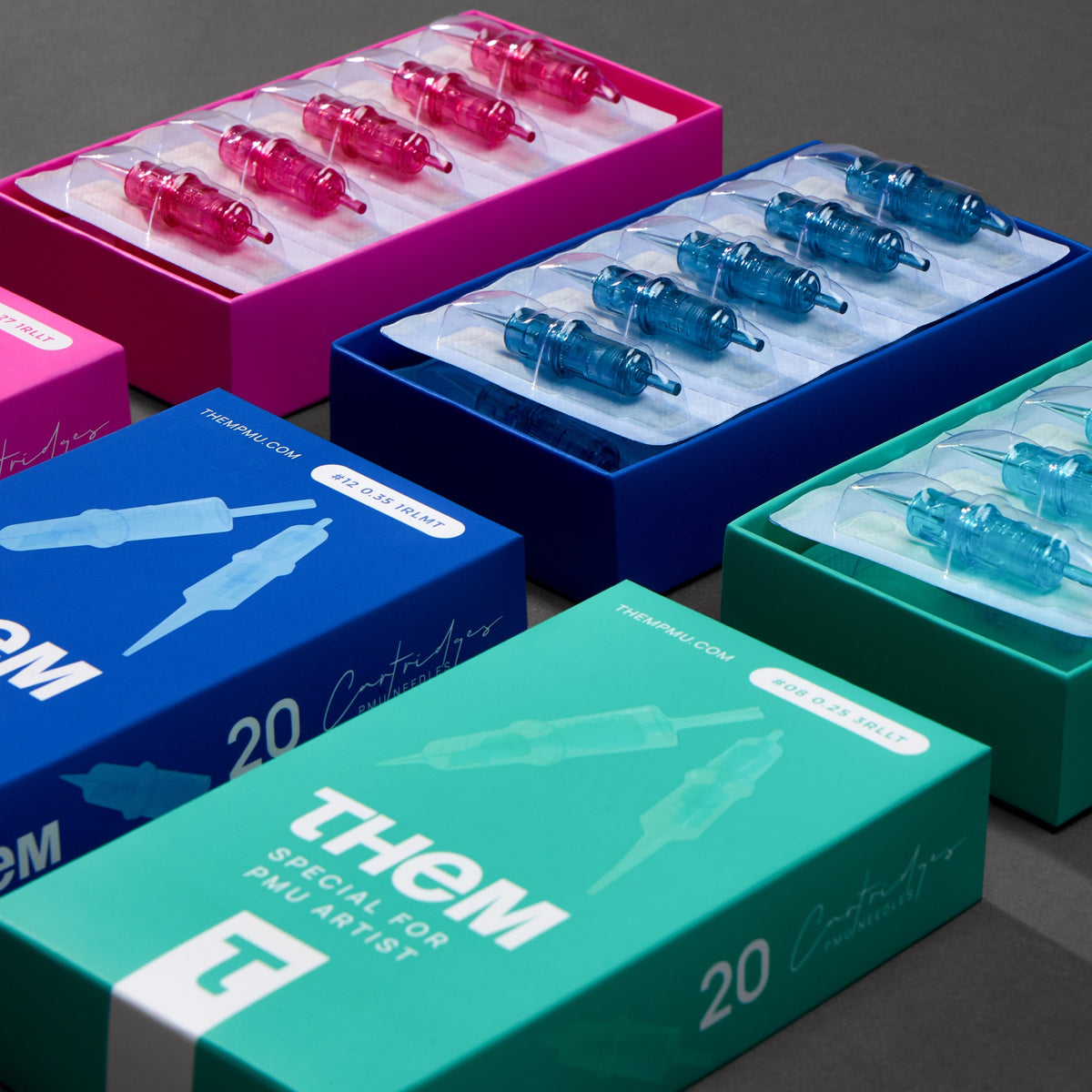 THEM PMU needle cartridges in boxes of 20, individually packed, turquoise, rose and Atlantic blue