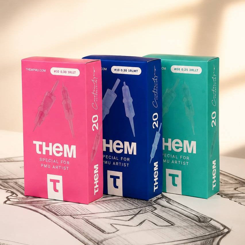 THEM PMU needle cartridge boxes with a cartridge design sketch
