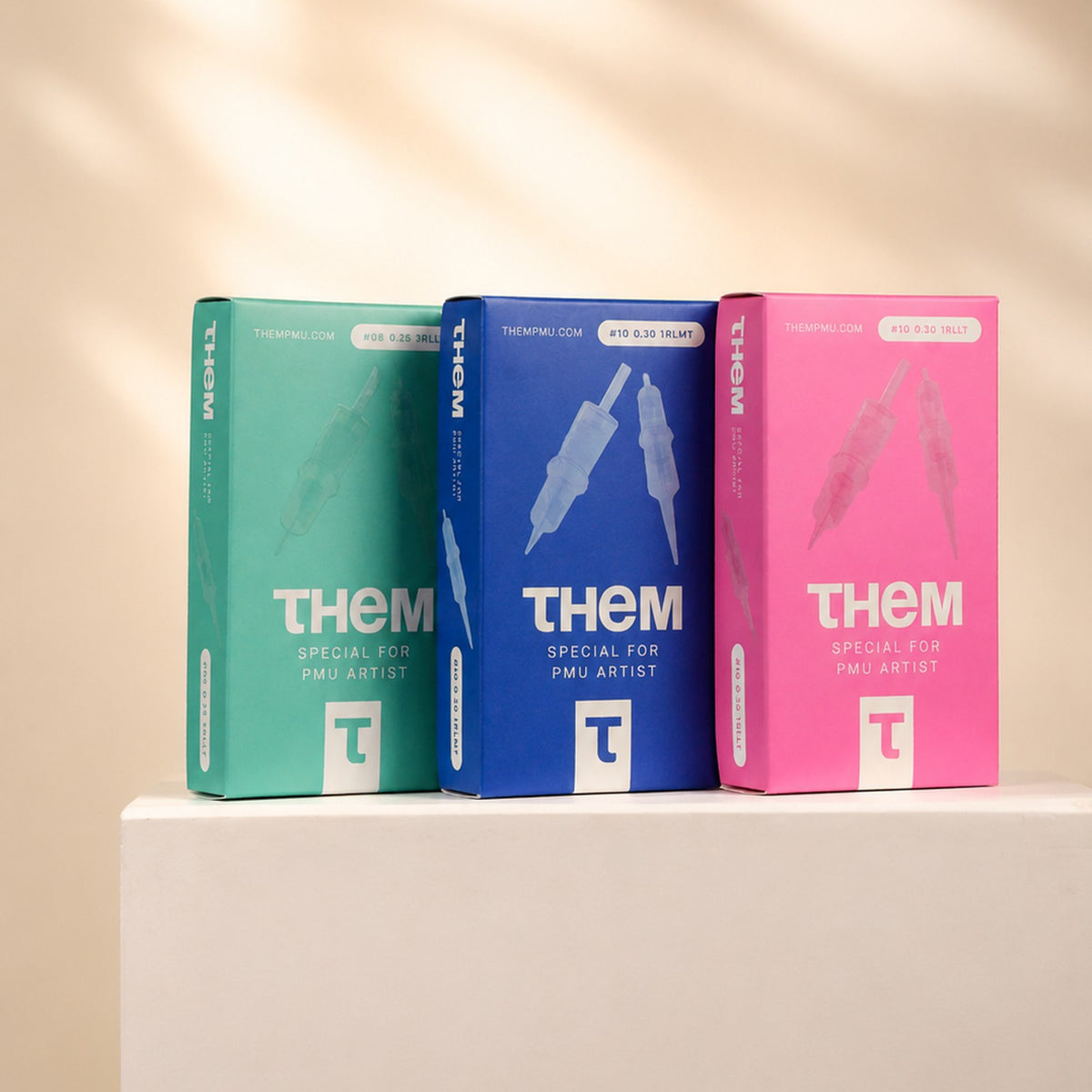 THEM PMU needle cartridge boxes in turquoise, Atlantic blue and rose